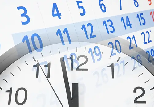 Time and planning concept, collage with round clock and calendar page