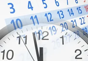 Time and planning concept, collage with round clock and calendar page