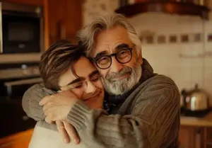 medicare aged man in a kitchen hugging his grandson