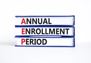AEP symbol. Concept words AEP Annual enrollment period on beautiful books. Beautiful white table white background. Medical and AEP Annual enrollment period concept.