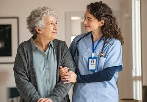 Elderly woman receives support from nurse