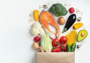 Paper bag full of nutritional food.